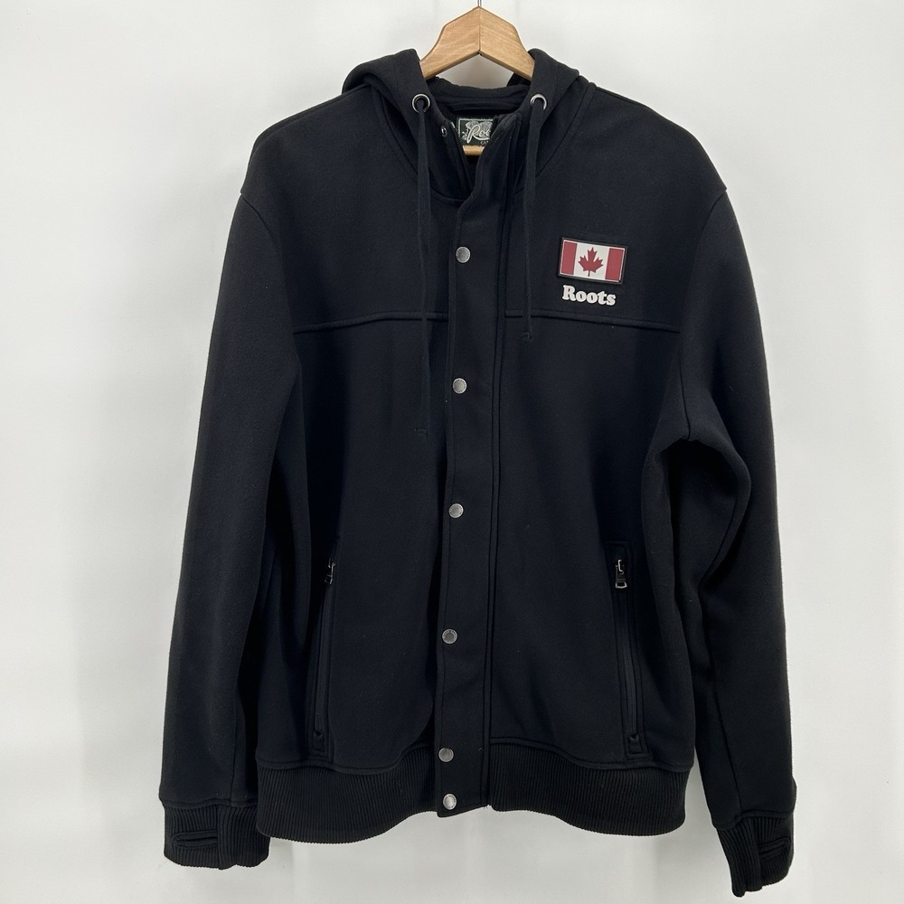 Roots 73 Fleece Jacket Mens XL Black Full Zip Hooded Canada‎ Rubber Patches